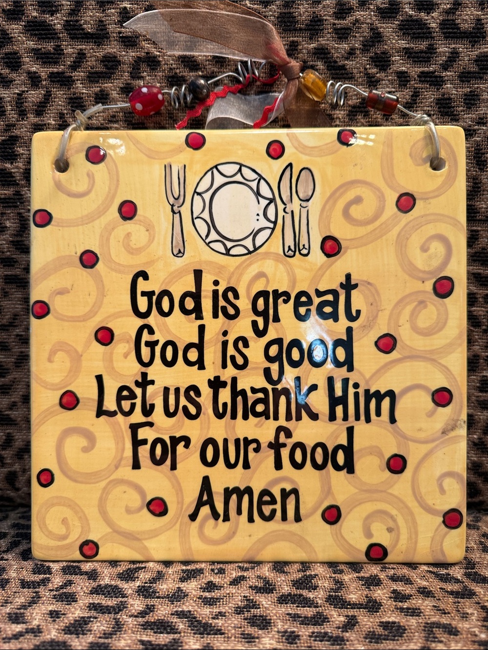 Religious Wall Plaque – God Is Great, God Is Good – Yellow with Red Accents